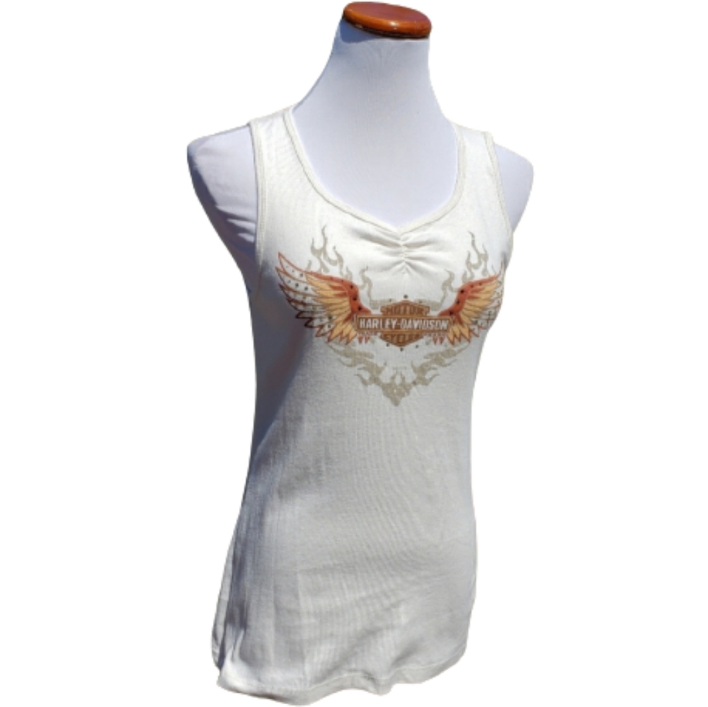 HARLEY DAVIDSON Tank Graphic Wing Flames Logo Bedazzled Ruched Orlando Sz L